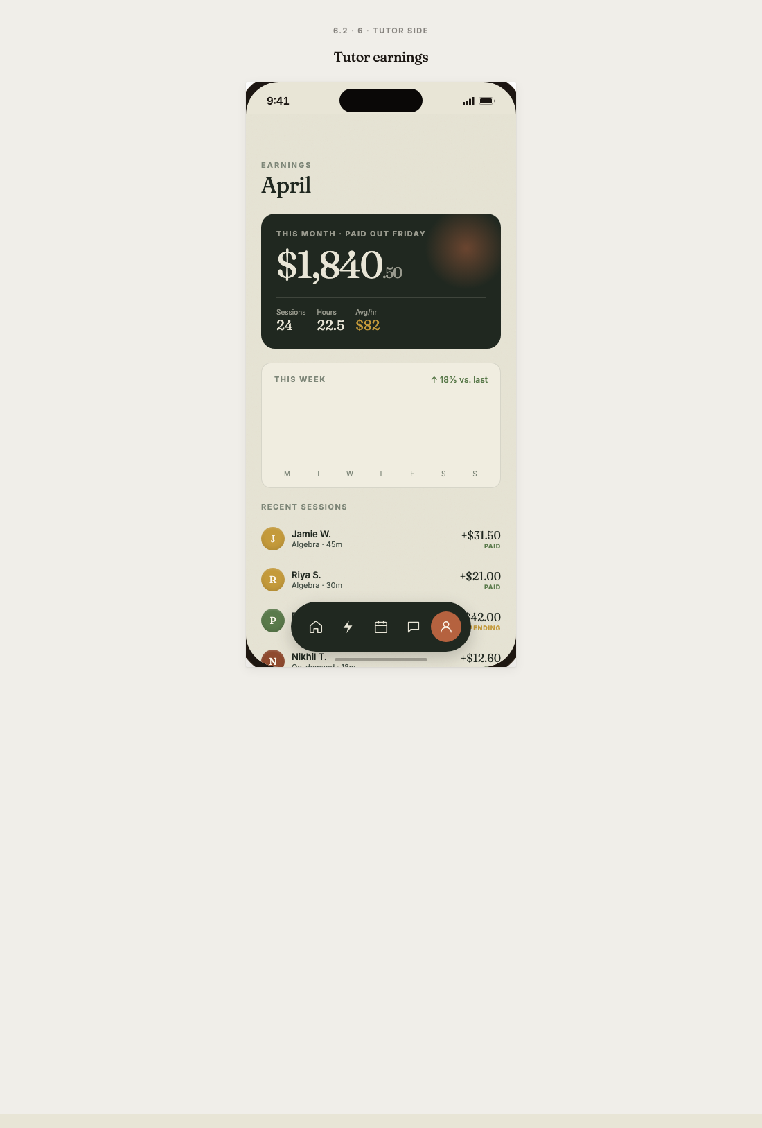 Tutorly tutor earnings screen